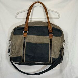Mona B Large Tote Upcycled Canvas Leather Handle Pockets Zipper Crossbody Bag